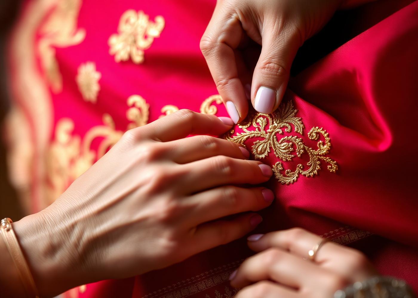 Hands embroidering intricate gold zari onto crimson silk