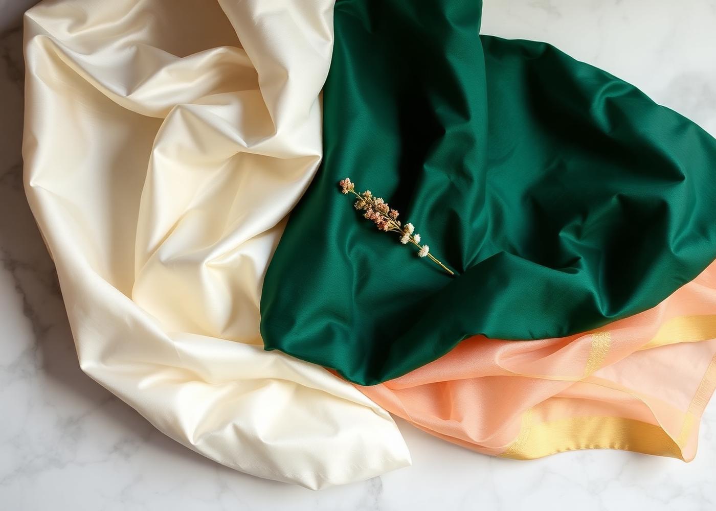 Layered ivory, emerald and blush silk fabrics on a marble surface